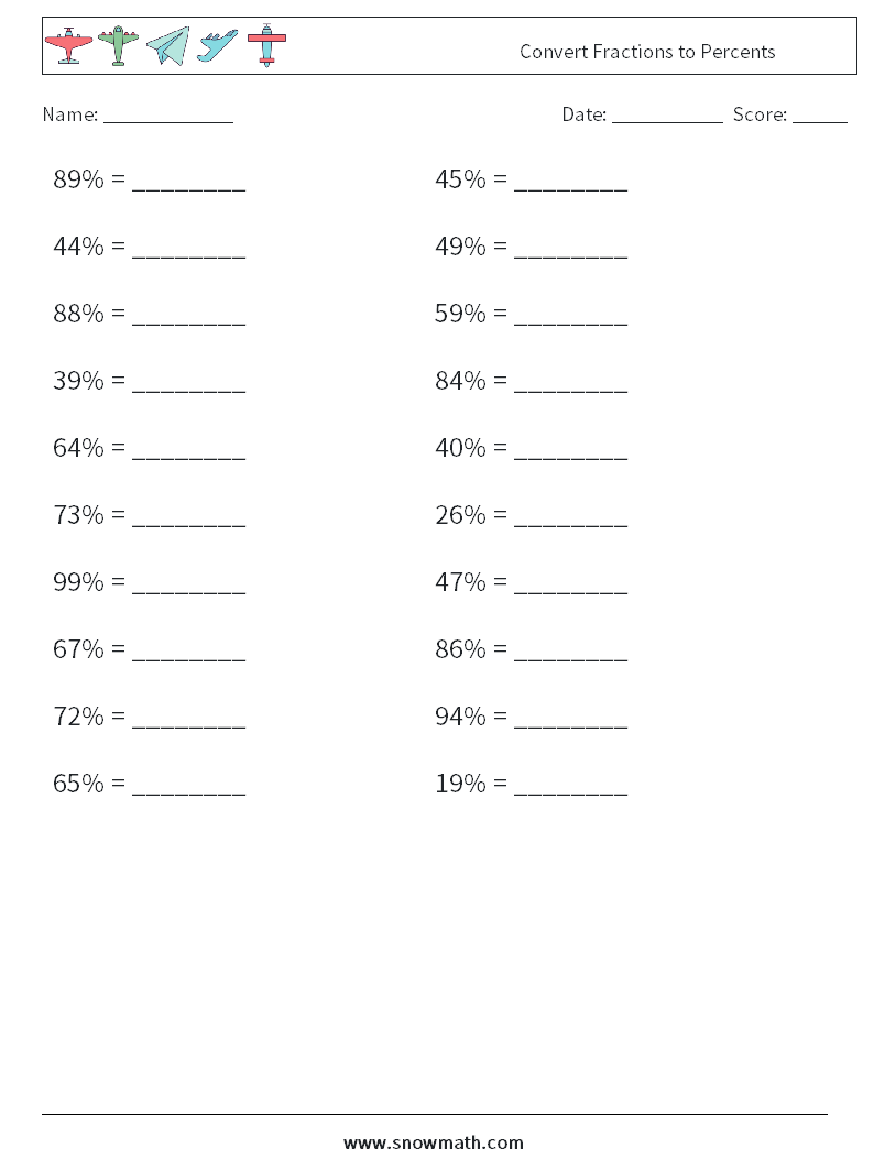 Convert Fractions to Percents Math Worksheets 2