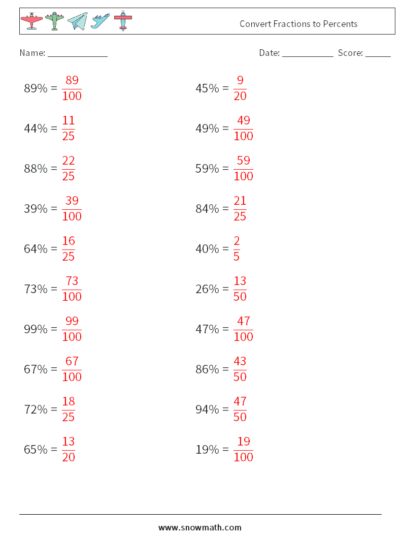 Convert Fractions to Percents Math Worksheets 2 Question, Answer