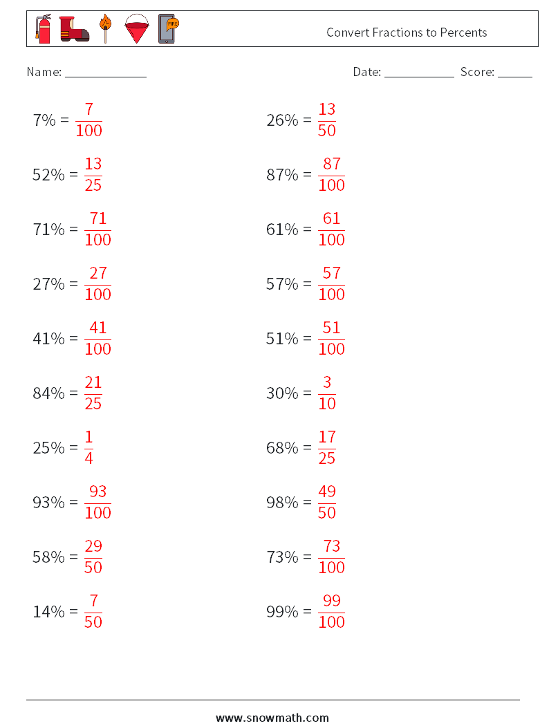 Convert Fractions to Percents Math Worksheets 3 Question, Answer