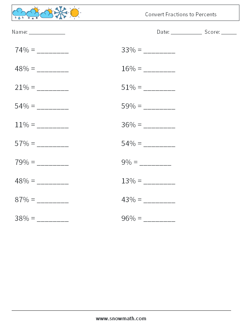Convert Fractions to Percents Math Worksheets 4