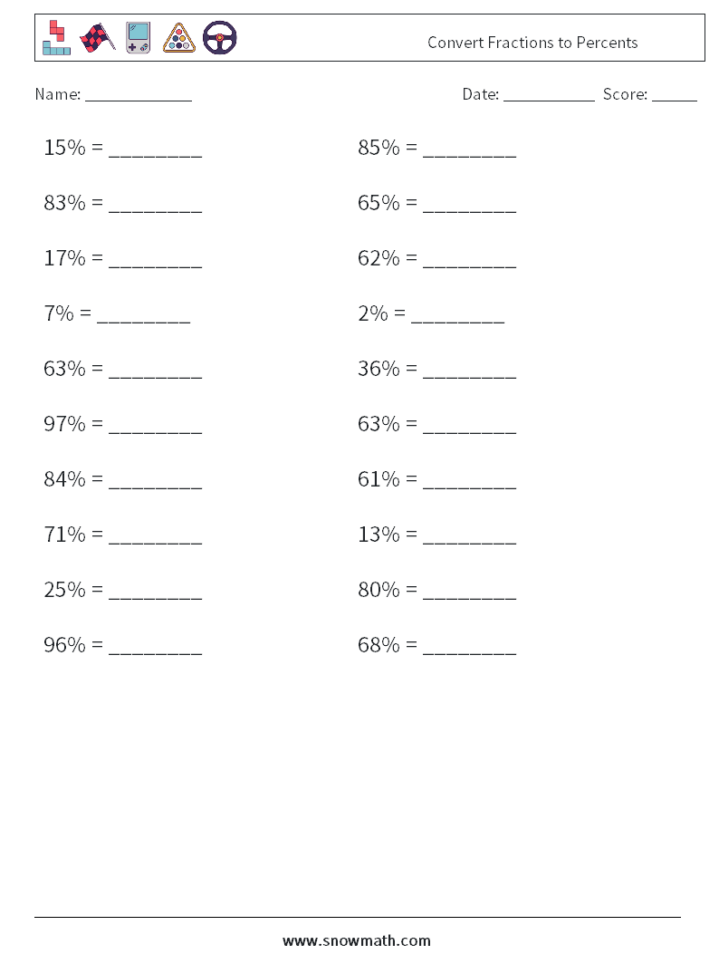 Convert Fractions to Percents Math Worksheets 5