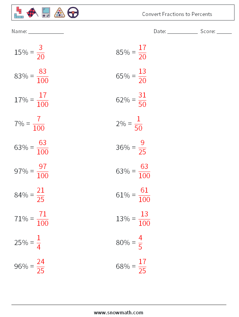 Convert Fractions to Percents Math Worksheets 5 Question, Answer
