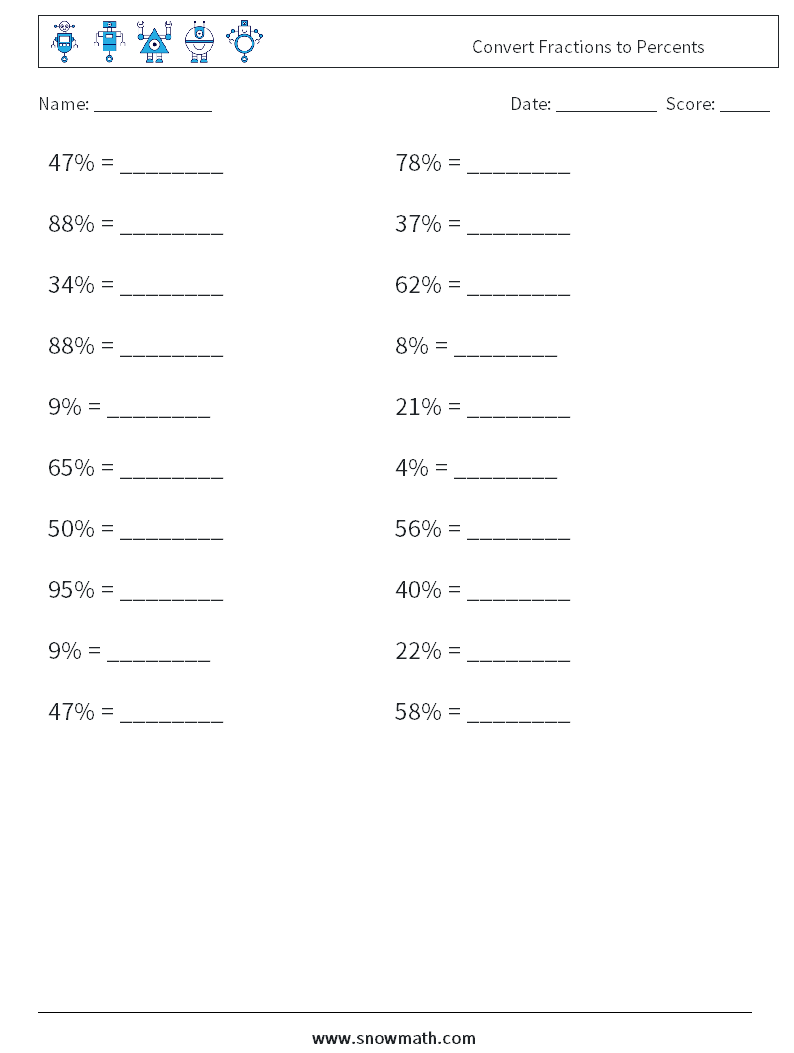 Convert Fractions to Percents Math Worksheets 6