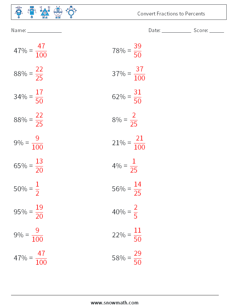 Convert Fractions to Percents Math Worksheets 6 Question, Answer