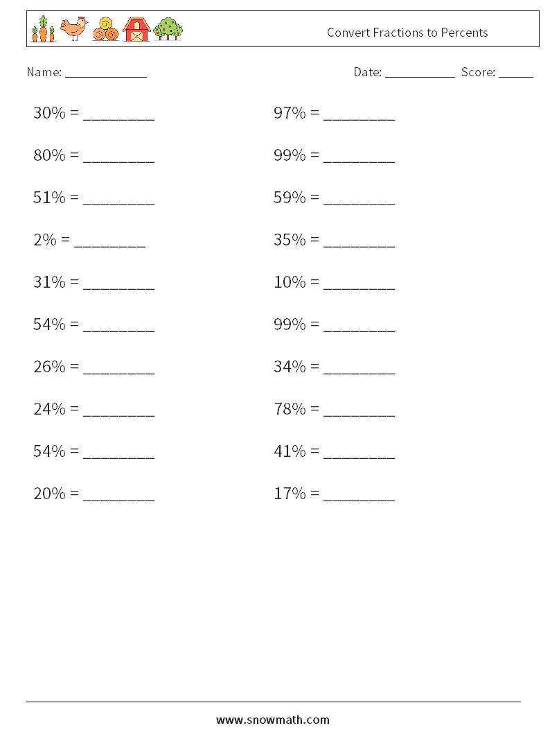 Convert Fractions to Percents Math Worksheets 7