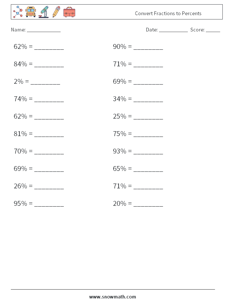 Convert Fractions to Percents Math Worksheets 8