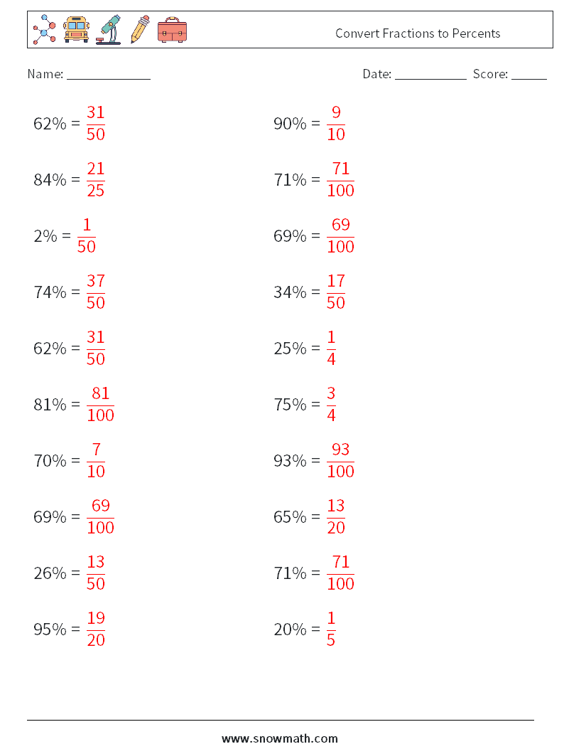 Convert Fractions to Percents Math Worksheets 8 Question, Answer