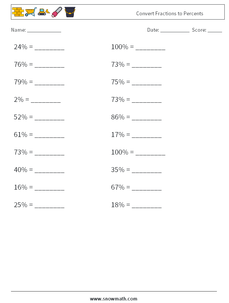 Convert Fractions to Percents Math Worksheets 9