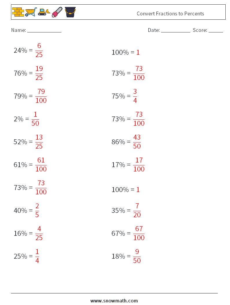 Convert Fractions to Percents Math Worksheets 9 Question, Answer