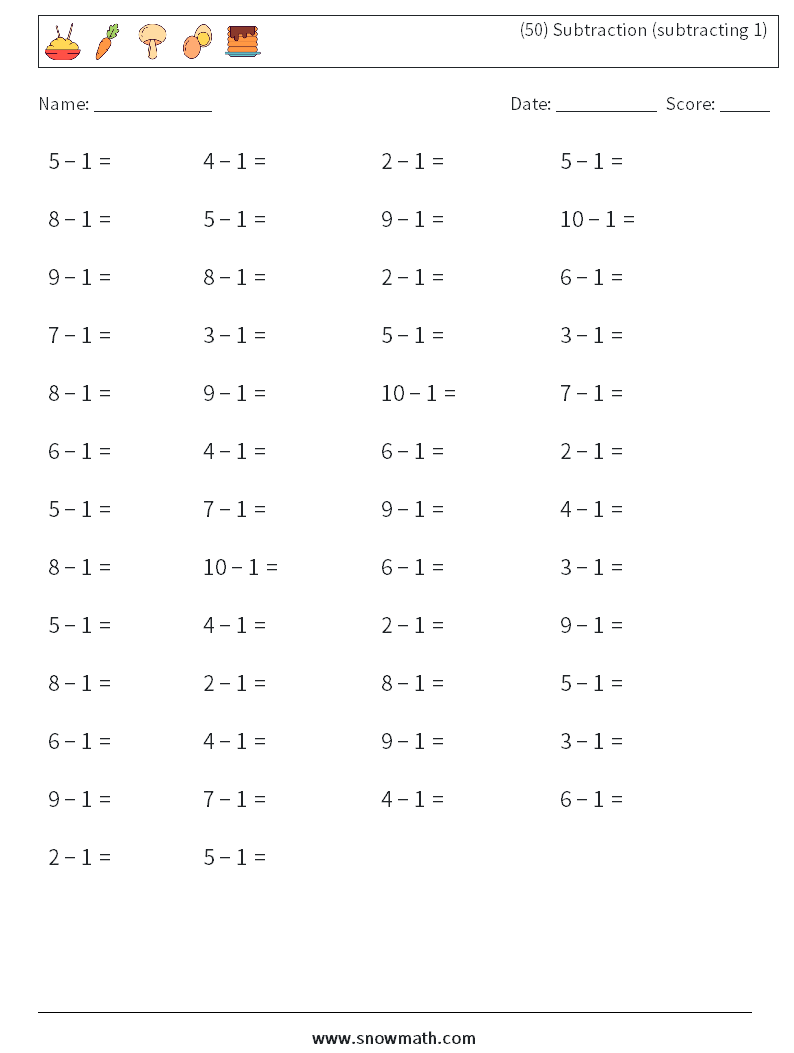 (50) Subtraction (subtracting 1) Math Worksheets 2