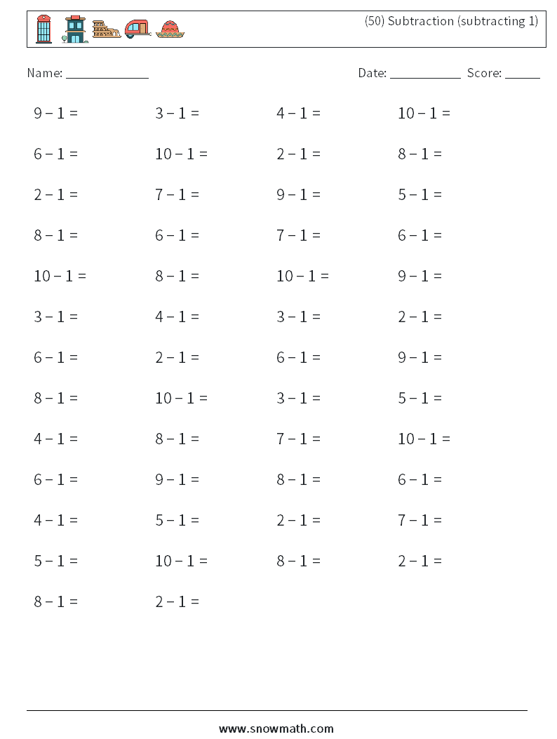 (50) Subtraction (subtracting 1) Math Worksheets 6