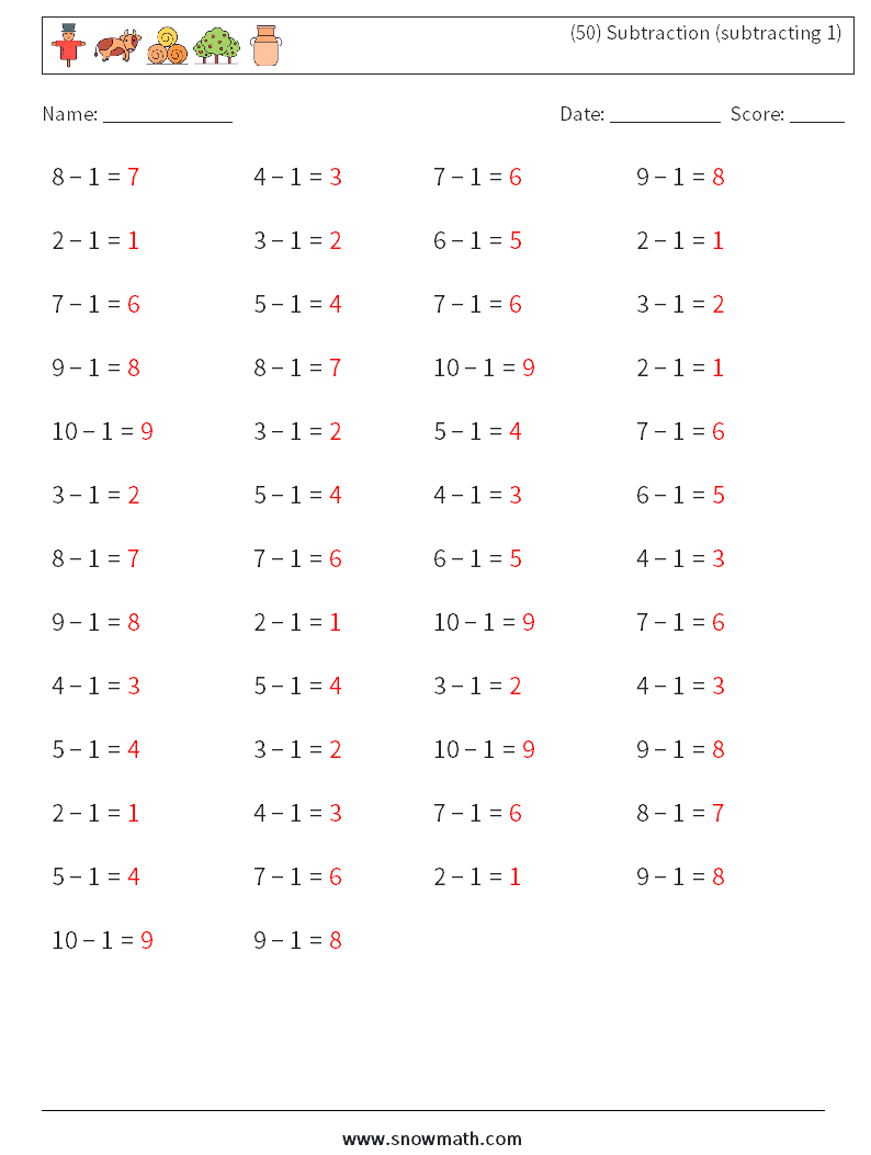 (50) Subtraction (subtracting 1) Math Worksheets 8 Question, Answer