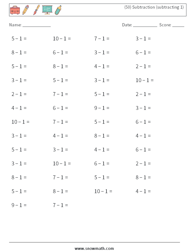 (50) Subtraction (subtracting 1) Math Worksheets 9