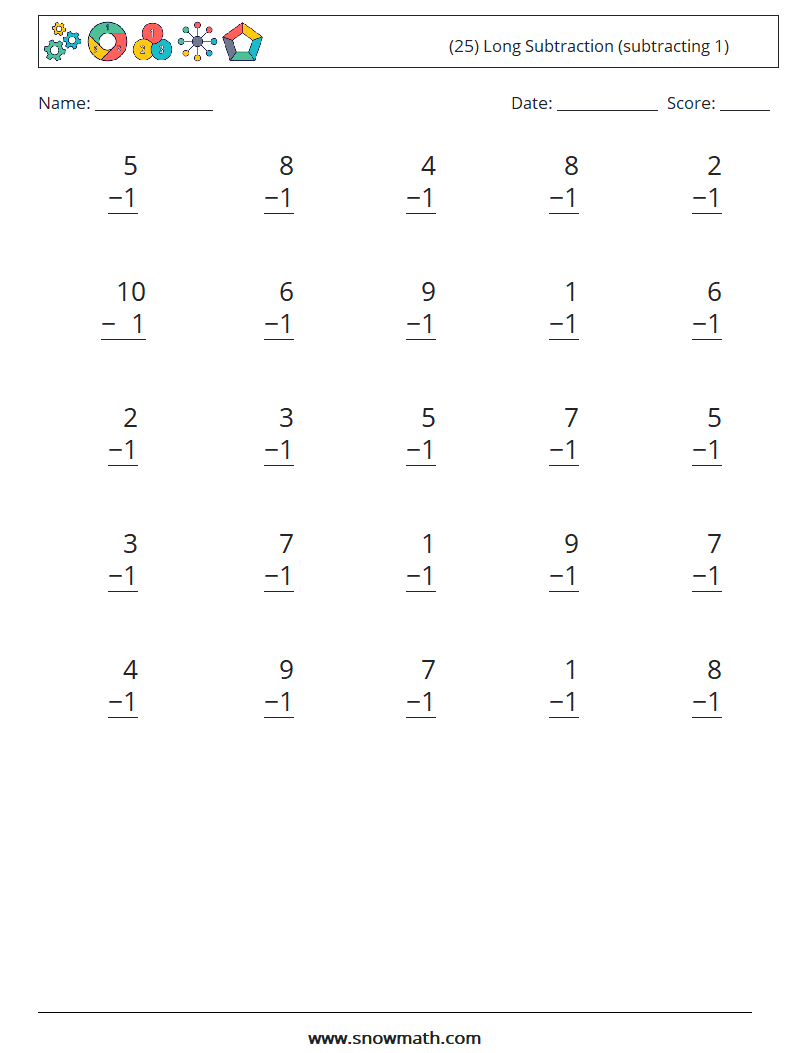 (25) Long Subtraction (subtracting 1) Math Worksheets 1