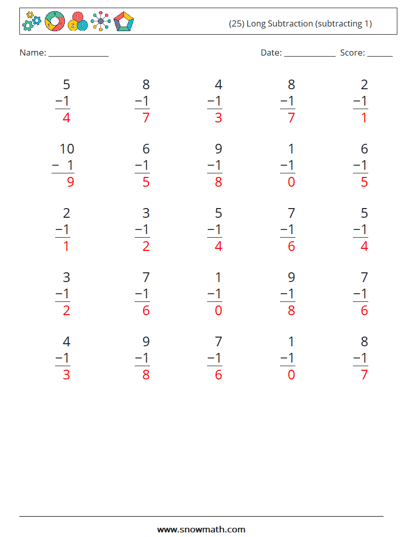 (25) Long Subtraction (subtracting 1) Math Worksheets 1 Question, Answer