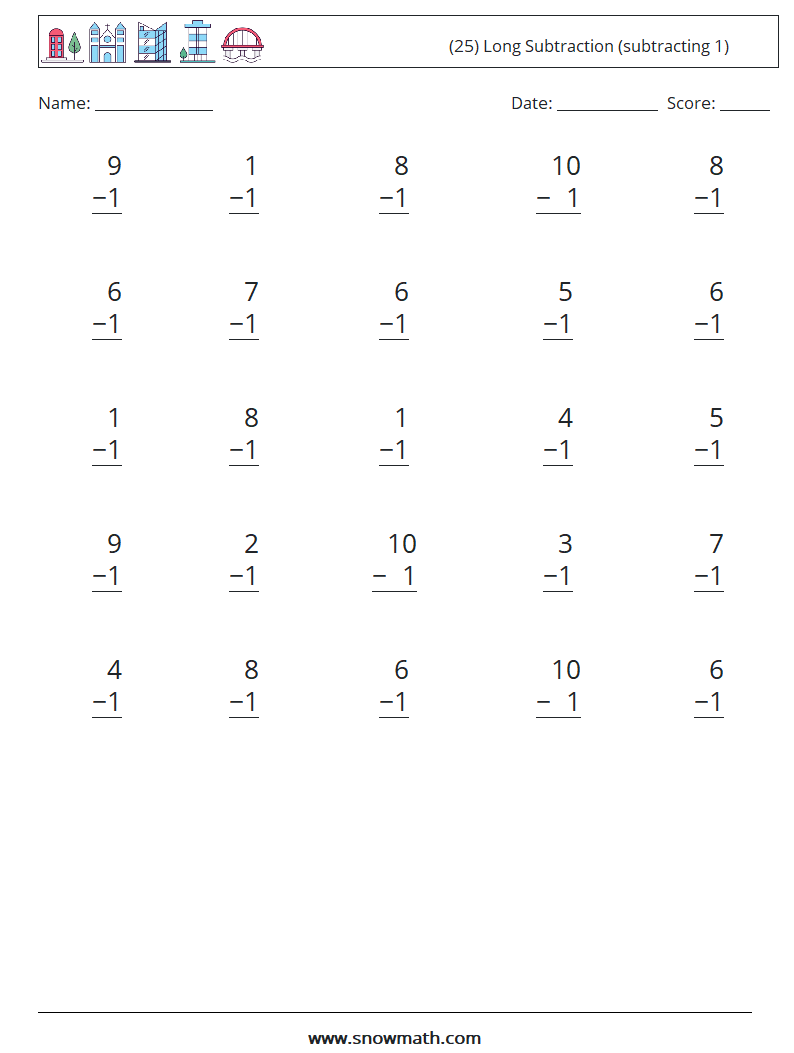 (25) Long Subtraction (subtracting 1) Math Worksheets 2