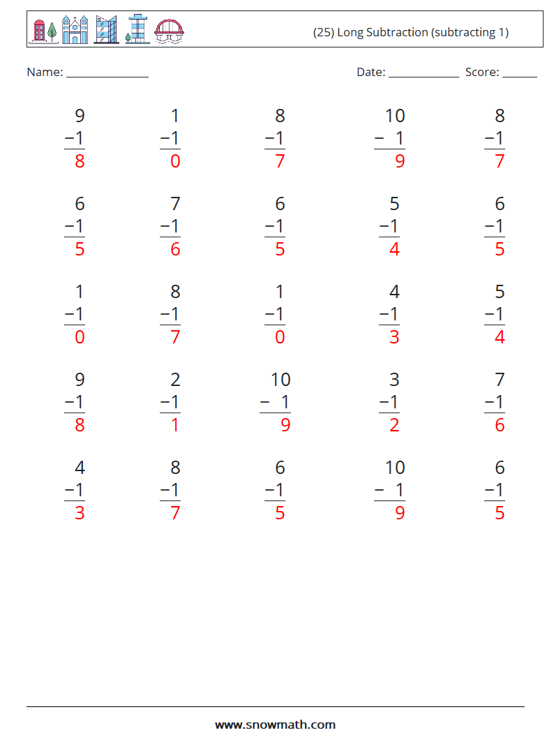 (25) Long Subtraction (subtracting 1) Math Worksheets 2 Question, Answer