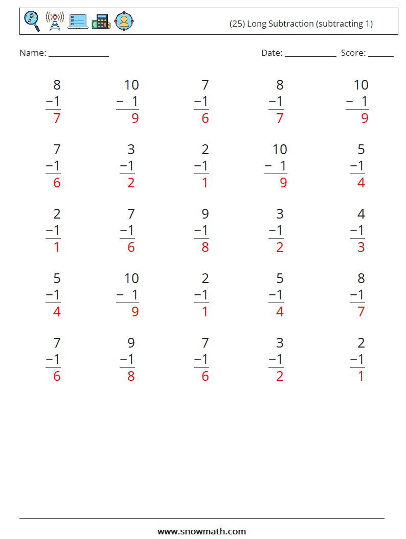 (25) Long Subtraction (subtracting 1) Math Worksheets 3 Question, Answer