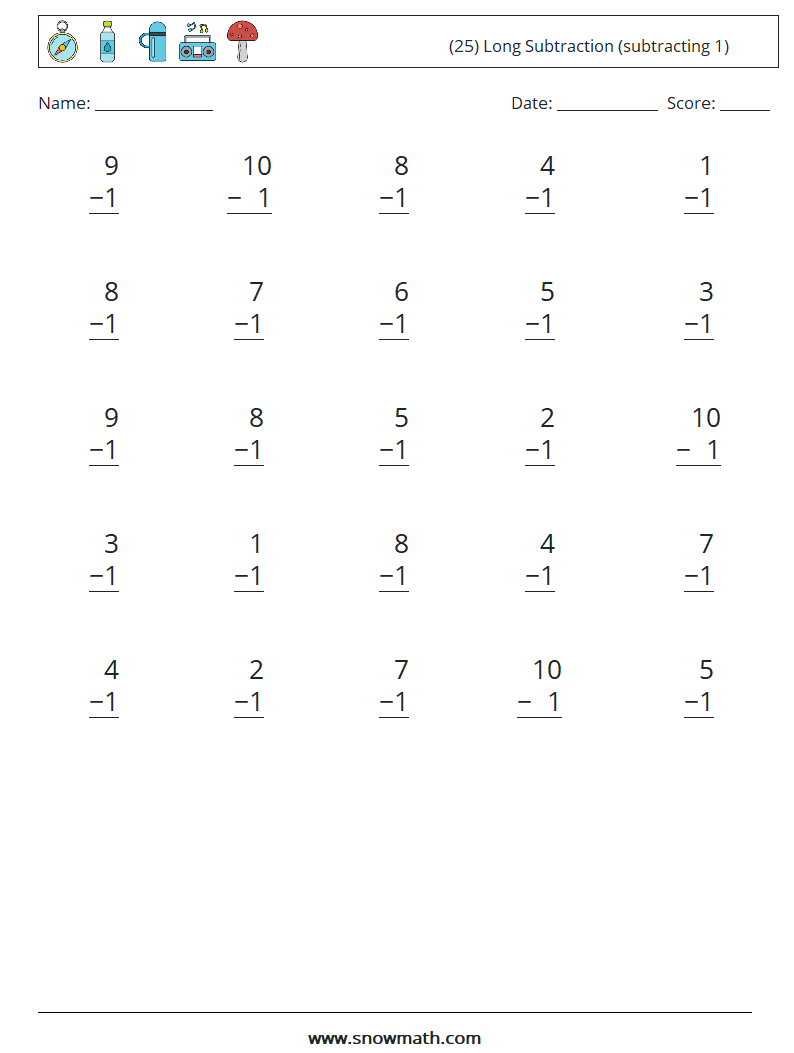 (25) Long Subtraction (subtracting 1) Math Worksheets 4