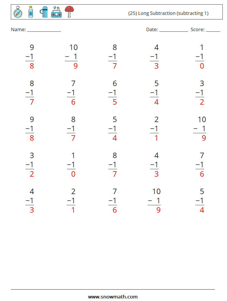 (25) Long Subtraction (subtracting 1) Math Worksheets 4 Question, Answer