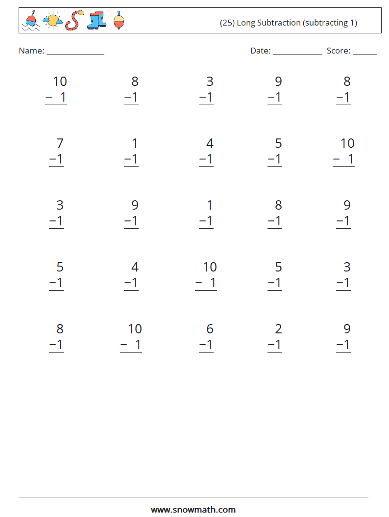 (25) Long Subtraction (subtracting 1) Math Worksheets 5