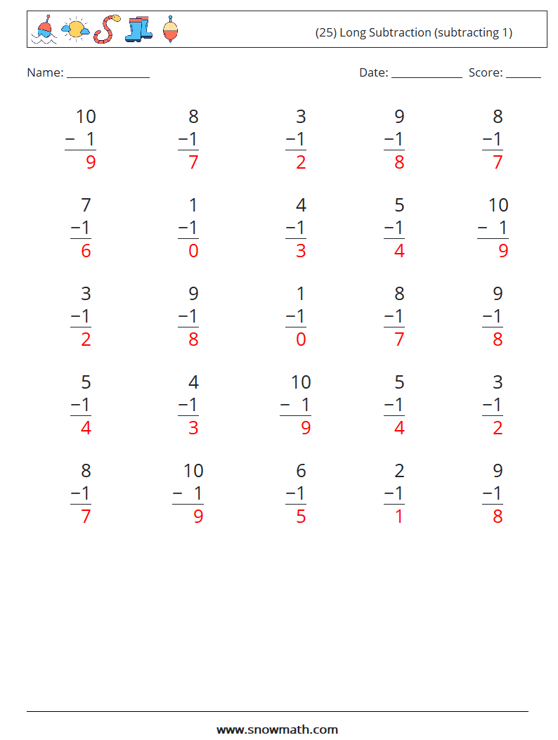 (25) Long Subtraction (subtracting 1) Math Worksheets 5 Question, Answer