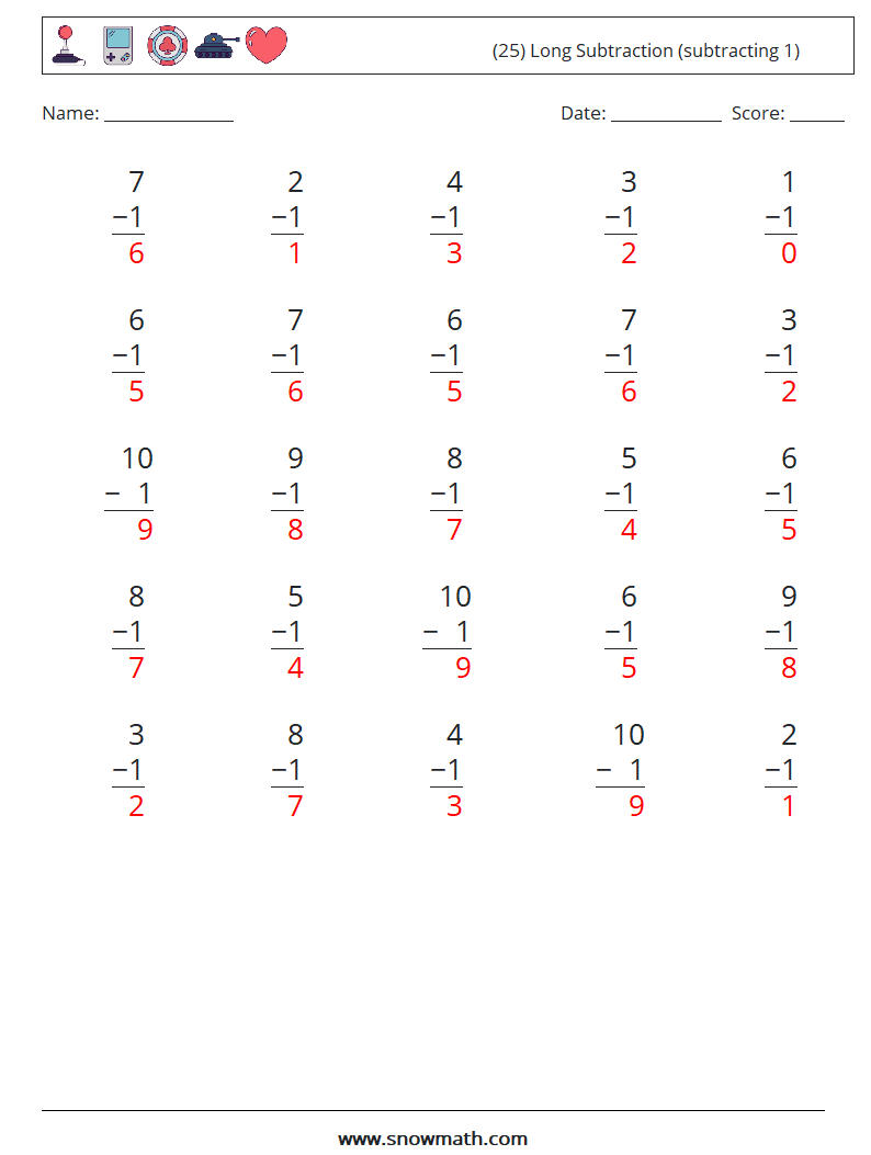 (25) Long Subtraction (subtracting 1) Math Worksheets 6 Question, Answer