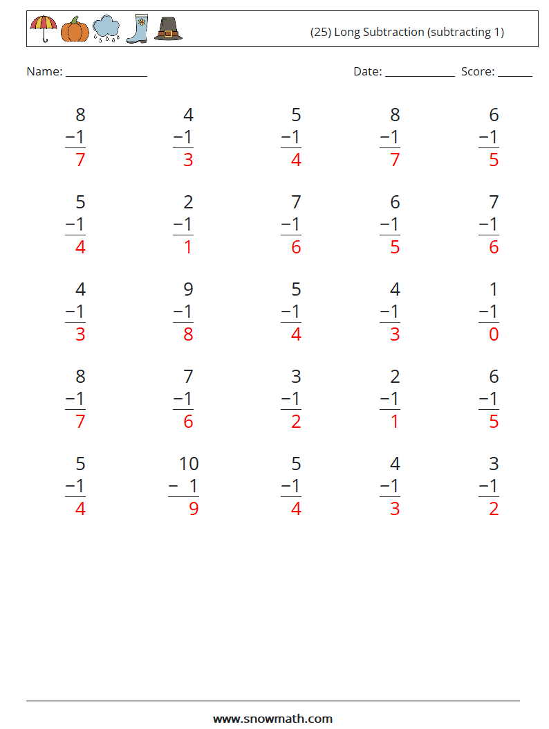 (25) Long Subtraction (subtracting 1) Math Worksheets 7 Question, Answer