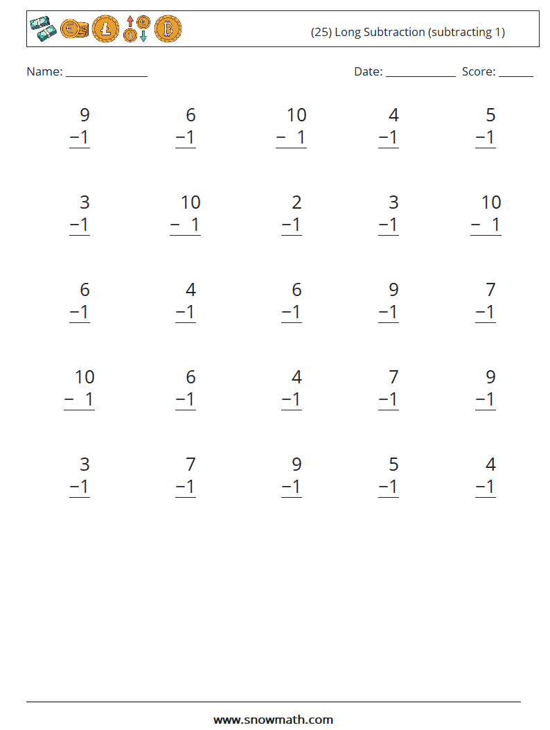 (25) Long Subtraction (subtracting 1) Math Worksheets 8