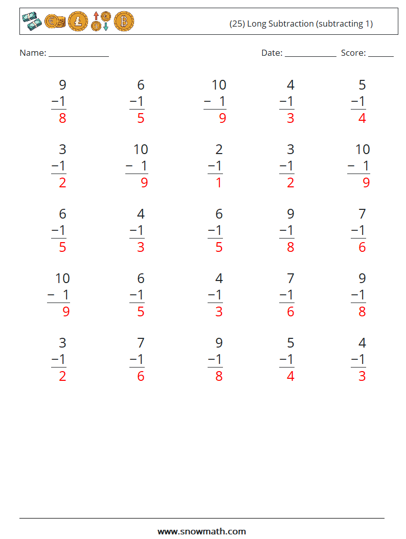 (25) Long Subtraction (subtracting 1) Math Worksheets 8 Question, Answer