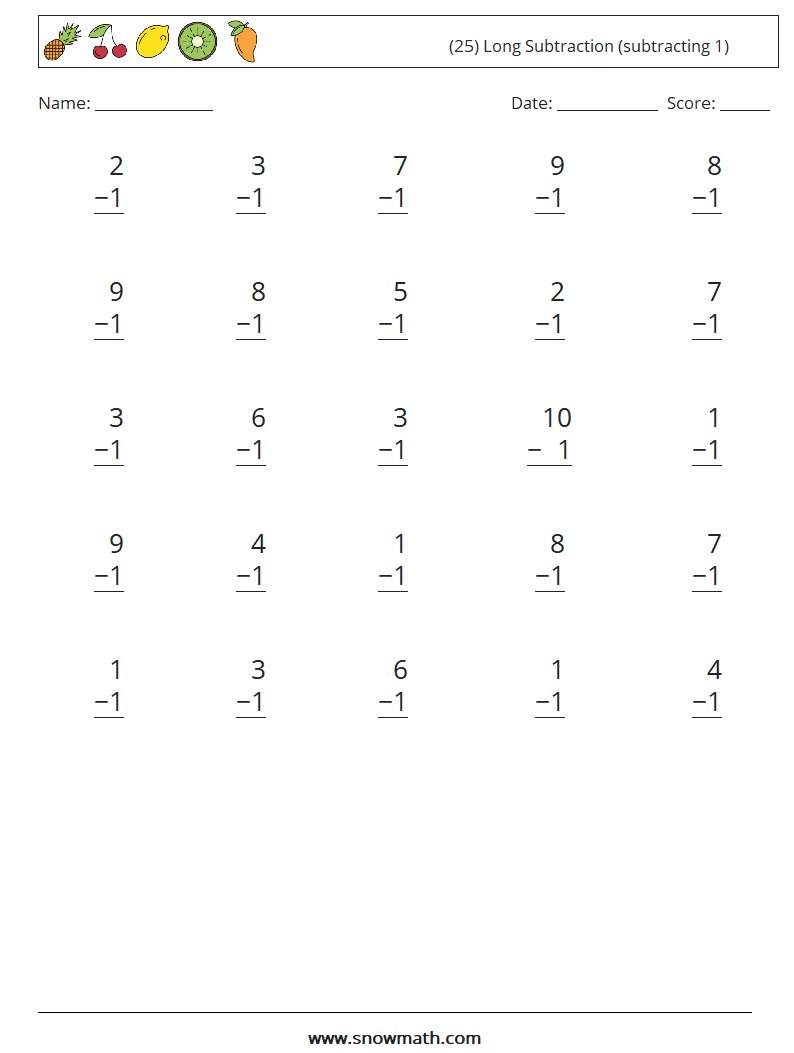 (25) Long Subtraction (subtracting 1) Math Worksheets 9