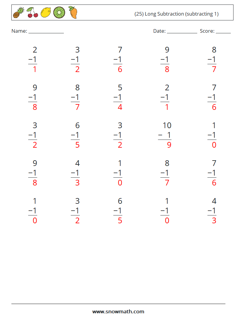 (25) Long Subtraction (subtracting 1) Math Worksheets 9 Question, Answer