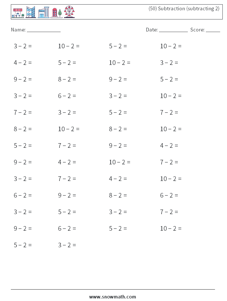(50) Subtraction (subtracting 2) Math Worksheets 1