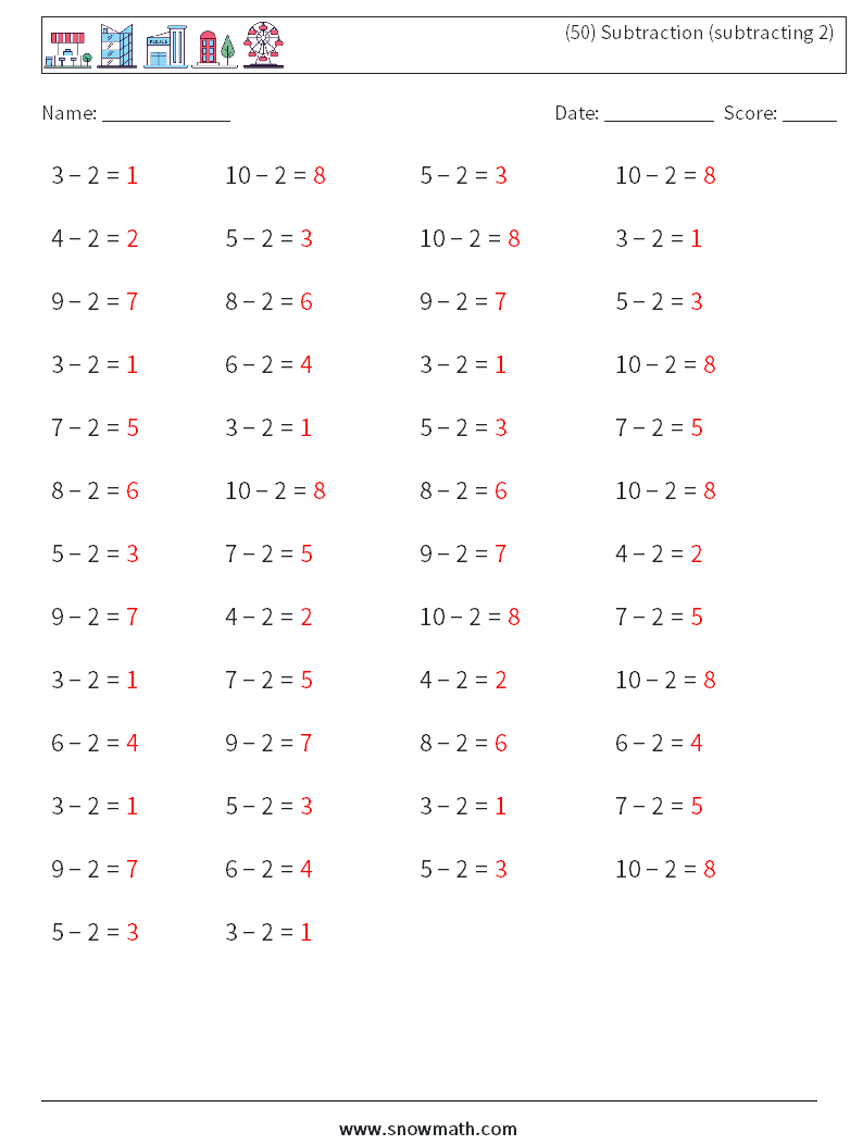 (50) Subtraction (subtracting 2) Math Worksheets 1 Question, Answer