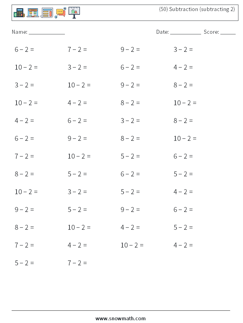 (50) Subtraction (subtracting 2) Math Worksheets 2