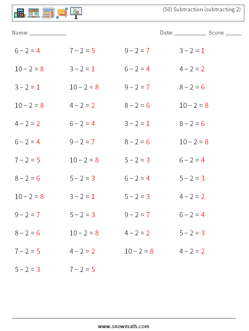 (50) Subtraction (subtracting 2) Math Worksheets 2 Question, Answer