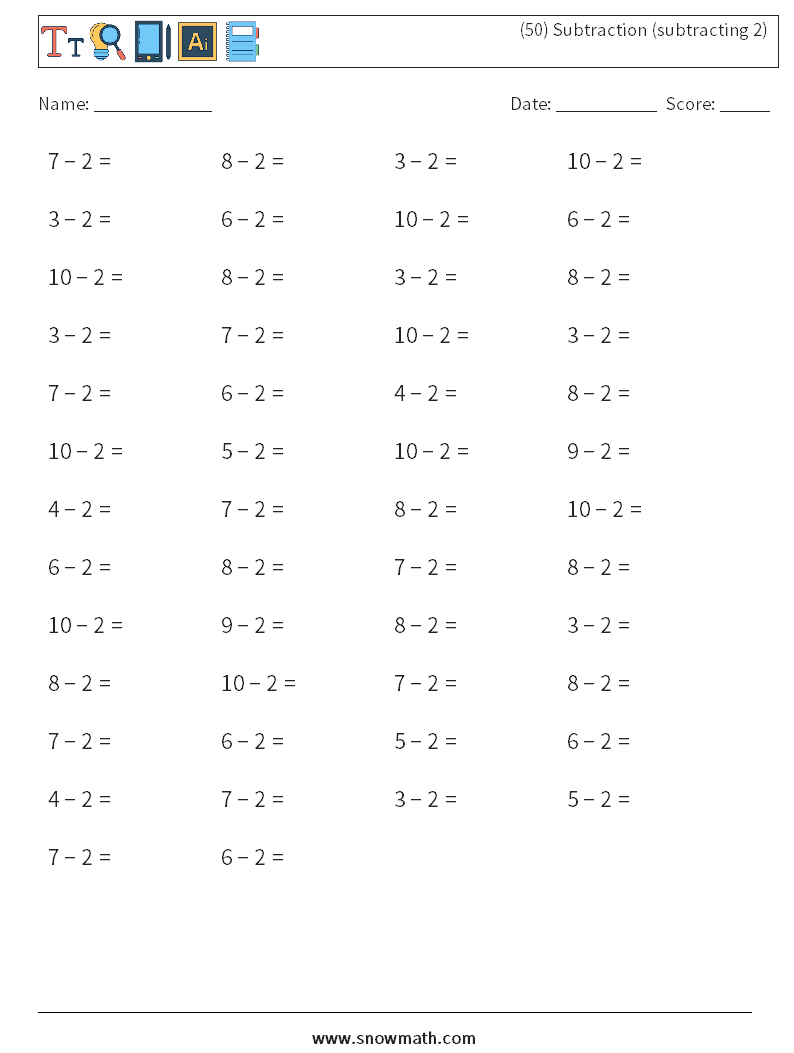 (50) Subtraction (subtracting 2) Math Worksheets 3