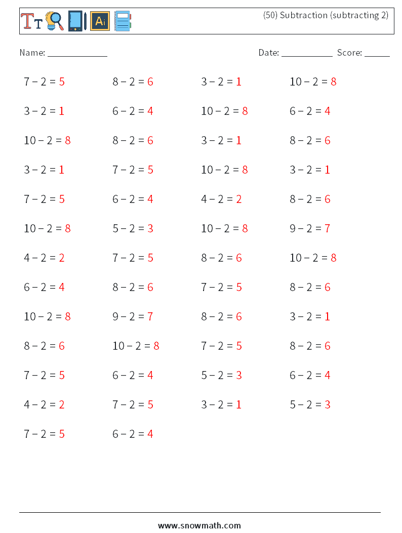 (50) Subtraction (subtracting 2) Math Worksheets 3 Question, Answer