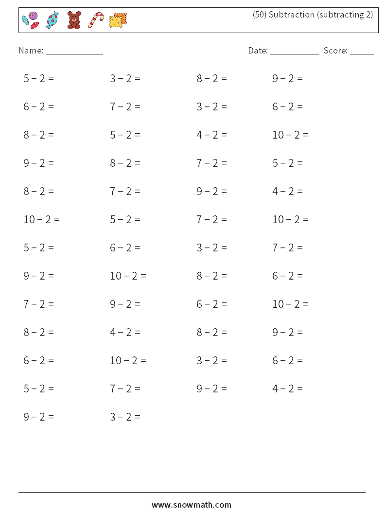 (50) Subtraction (subtracting 2) Math Worksheets 4