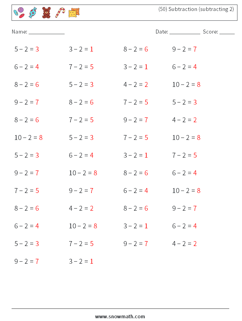 (50) Subtraction (subtracting 2) Math Worksheets 4 Question, Answer