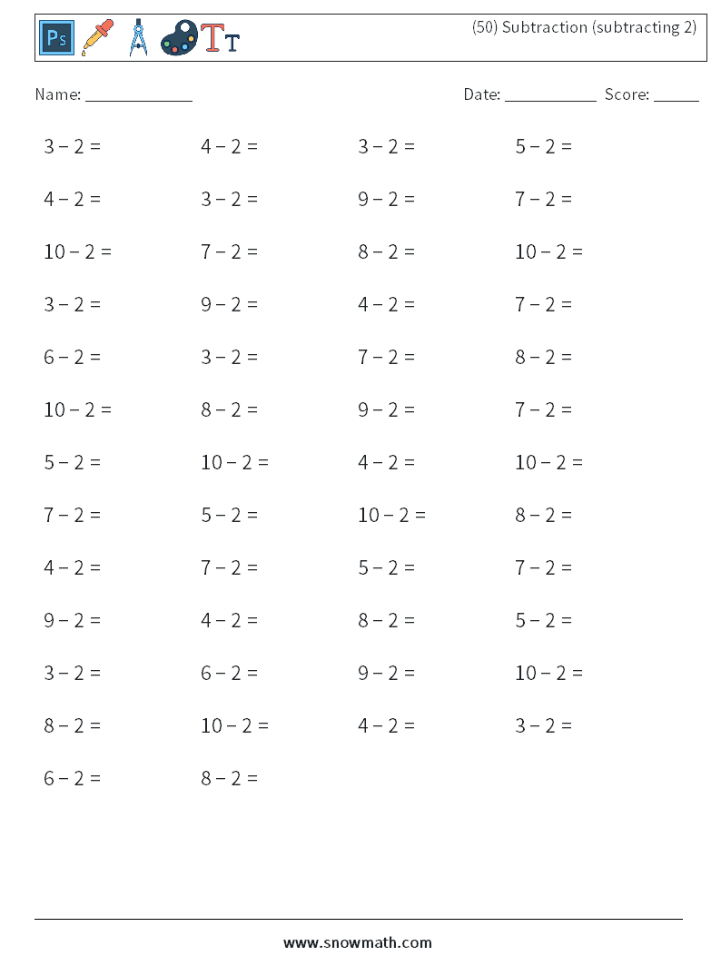 (50) Subtraction (subtracting 2) Math Worksheets 5