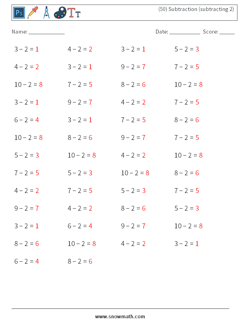 (50) Subtraction (subtracting 2) Math Worksheets 5 Question, Answer