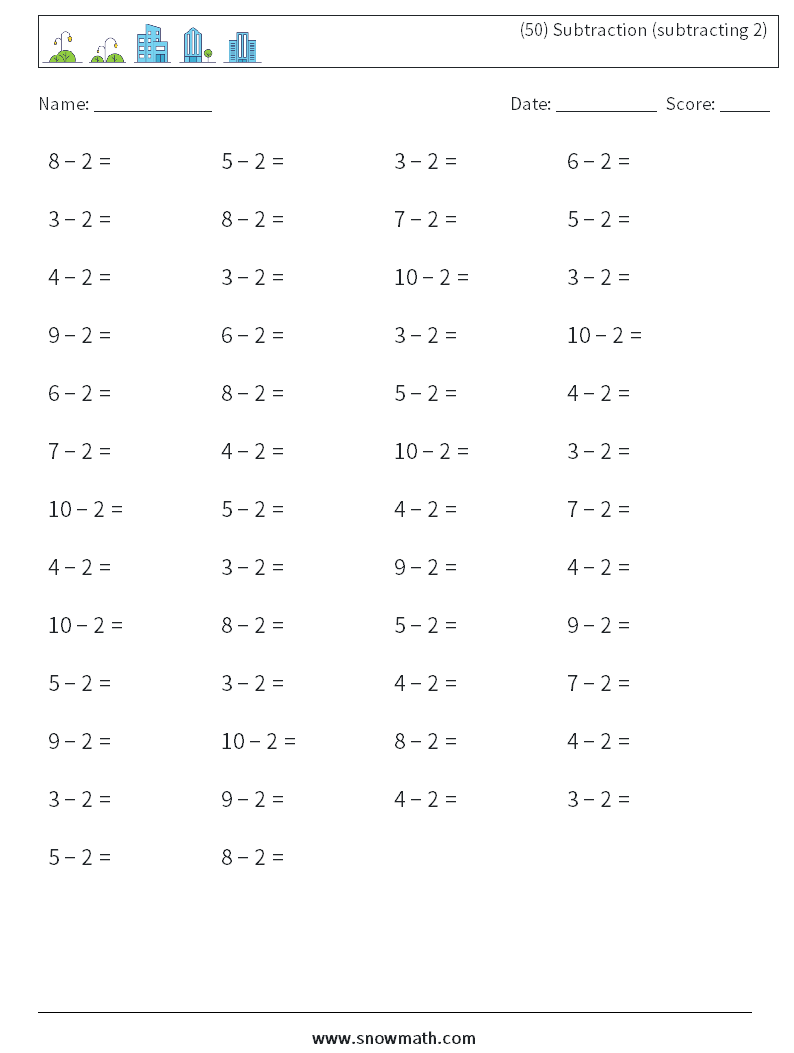 (50) Subtraction (subtracting 2) Math Worksheets 6
