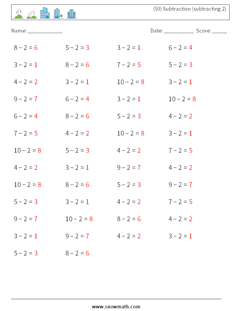 (50) Subtraction (subtracting 2) Math Worksheets 6 Question, Answer