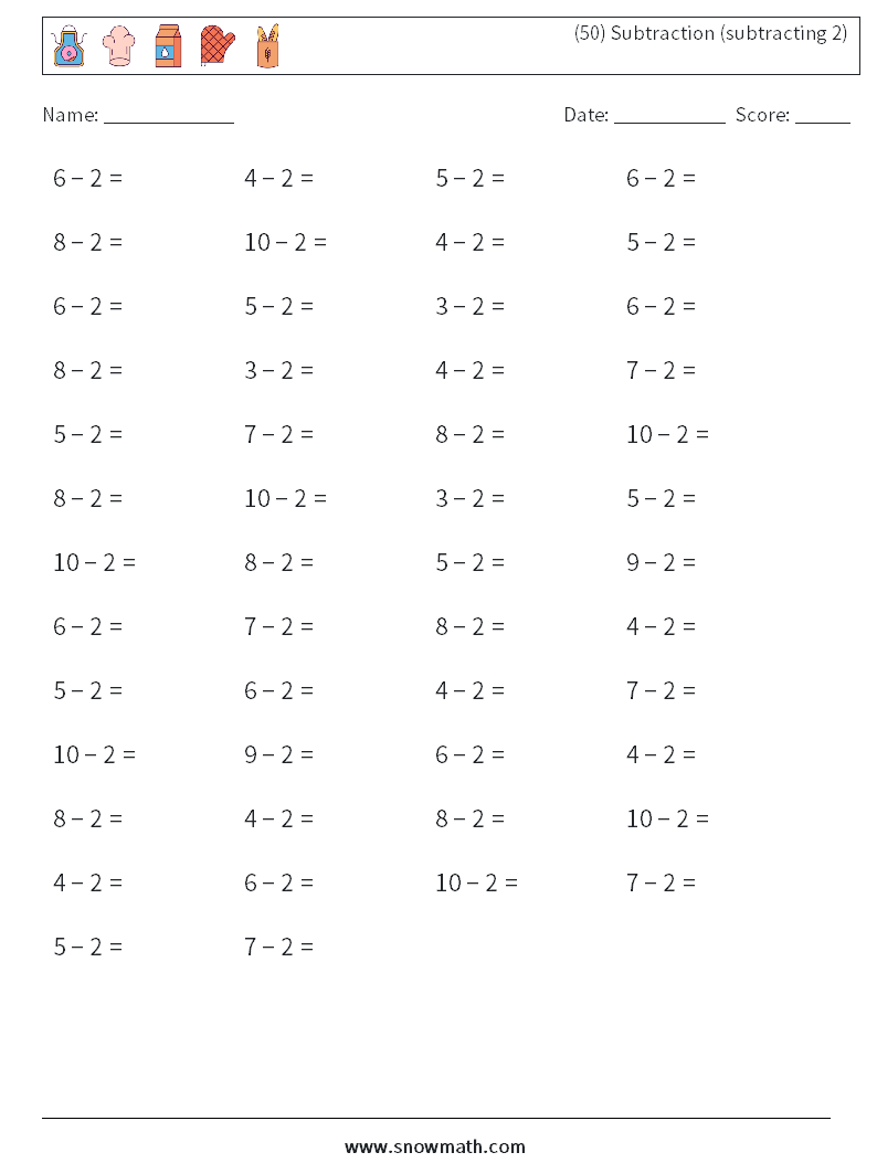 (50) Subtraction (subtracting 2) Math Worksheets 7