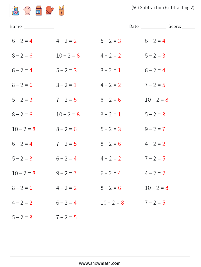 (50) Subtraction (subtracting 2) Math Worksheets 7 Question, Answer