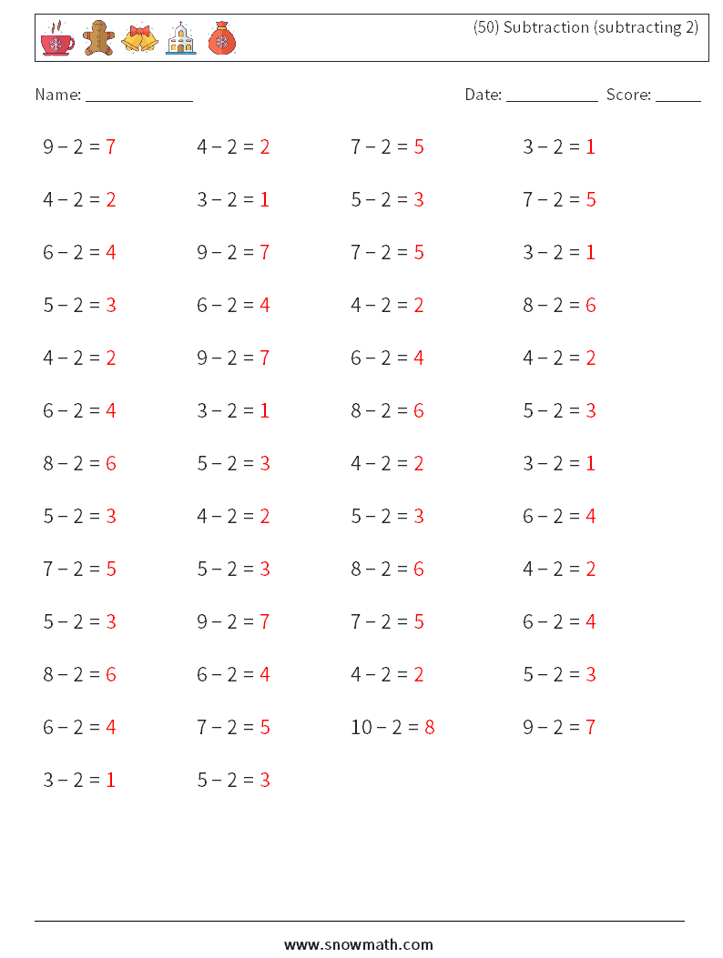 (50) Subtraction (subtracting 2) Math Worksheets 8 Question, Answer