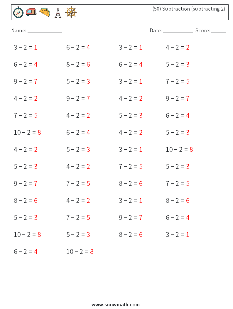 (50) Subtraction (subtracting 2) Math Worksheets 9 Question, Answer