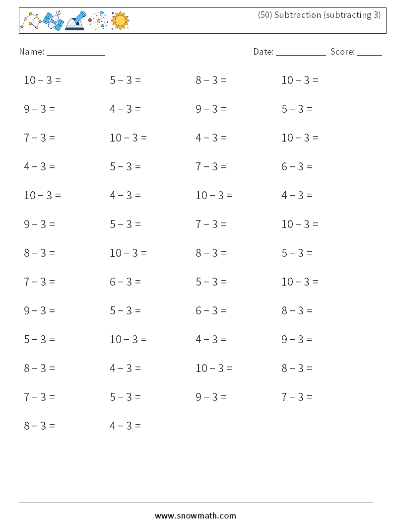 (50) Subtraction (subtracting 3) Math Worksheets 1