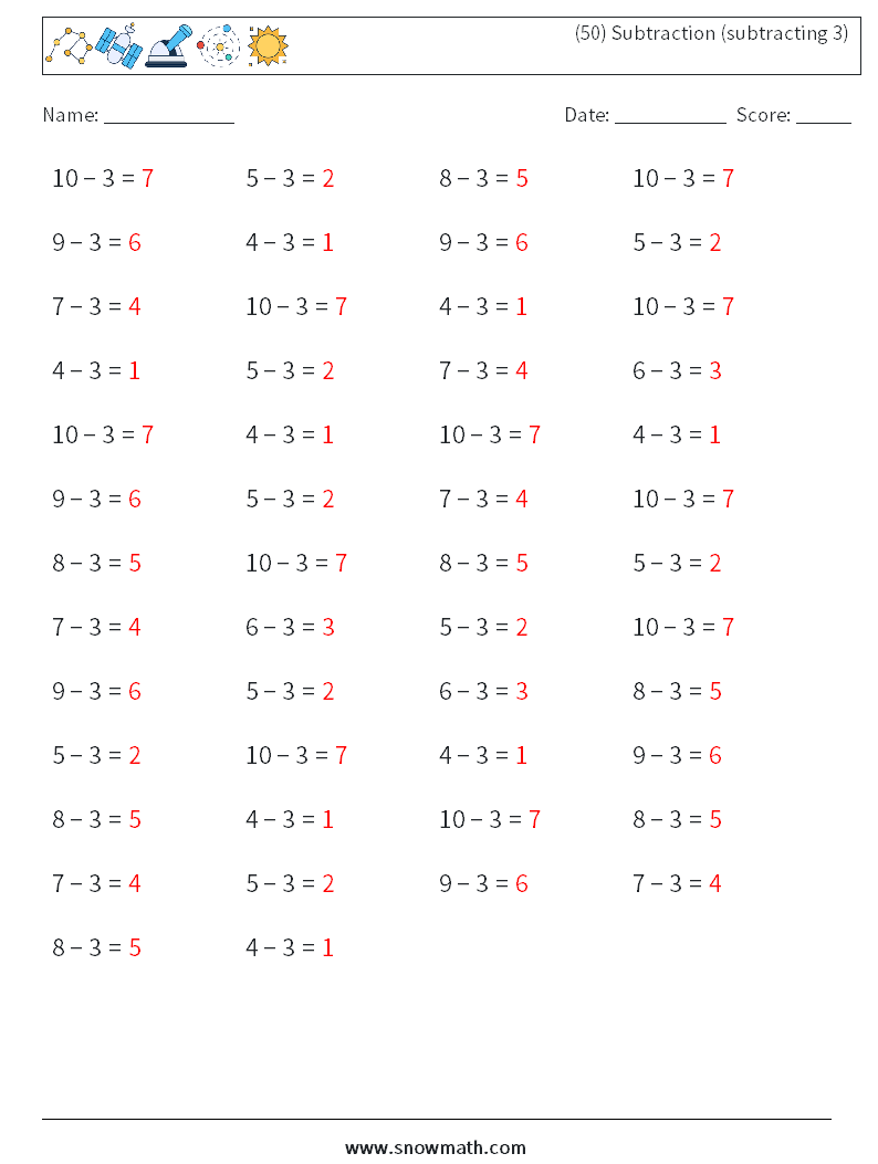 (50) Subtraction (subtracting 3) Math Worksheets 1 Question, Answer